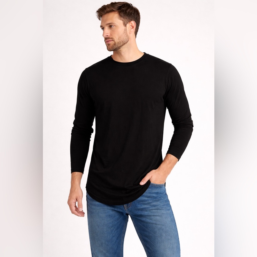 AHA Selected Men’s Size XL Black Long Sleeve Shirt Curved Hem Casual Modern Fit